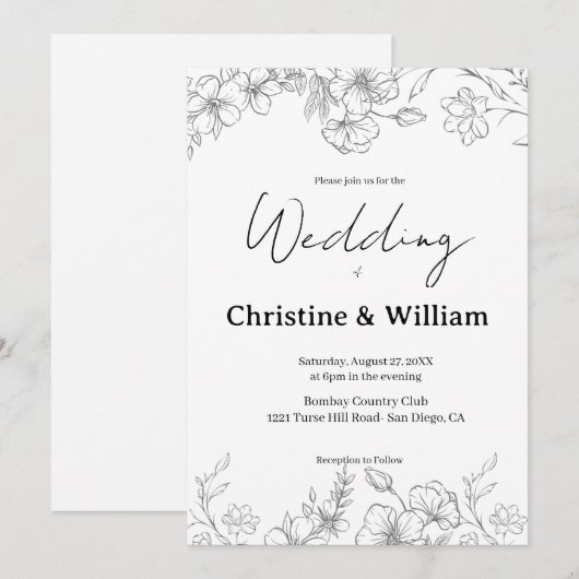 Invitation Simple Classic Black & White Wedding (Devant / Derrière)