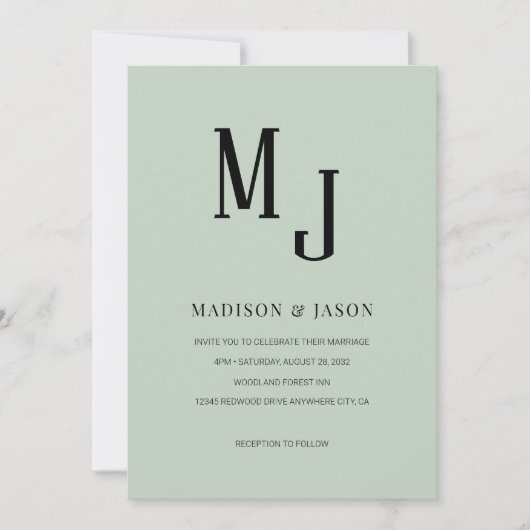 Invitation Simple Classic Sage Vert Monogramme romain Mariage (Devant)