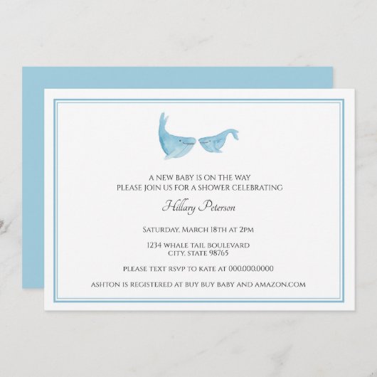 Invitation Simple classique Aquarelle Baleine baby shower ble (Devant / Derrière)