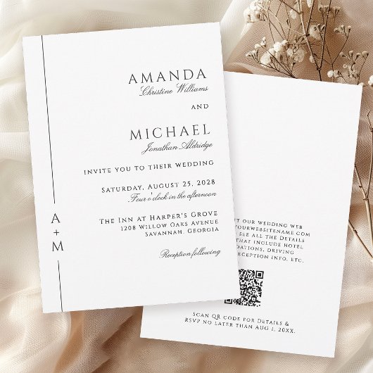 Invitation Simple Classique Élégant Monogramme Code QR Mariag