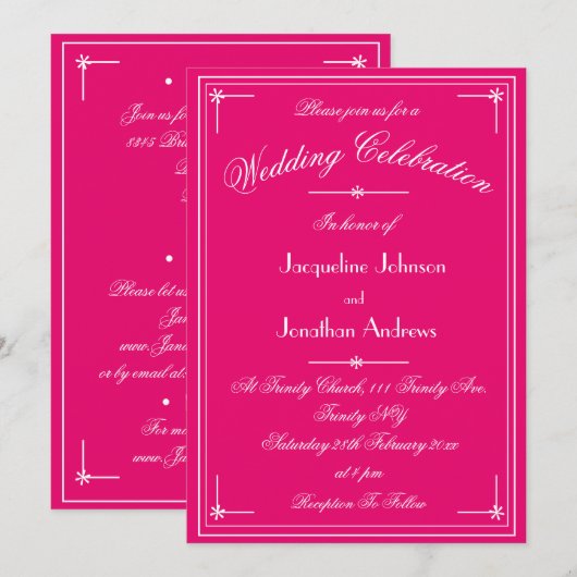 Invitation Simple Classique Fuchsia & Blanc Tout En Un Mariag (Devant / Derrière)