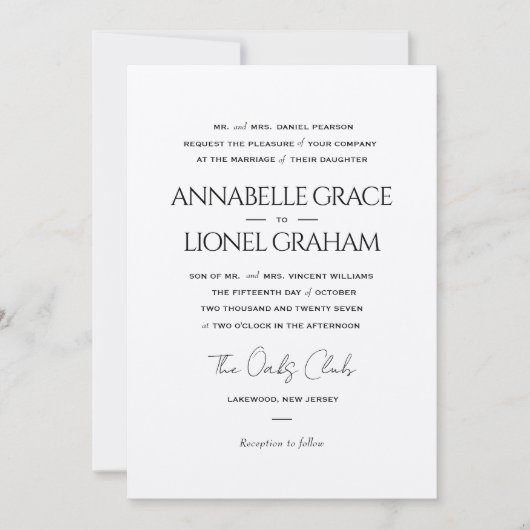 Invitation Simple classique Mariage noir et blanc (Devant)