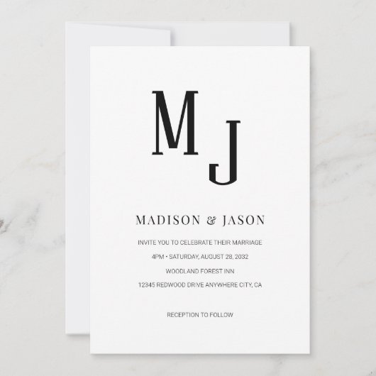 Invitation Simple classique noir Monogramme romain Mariage ph (Devant)