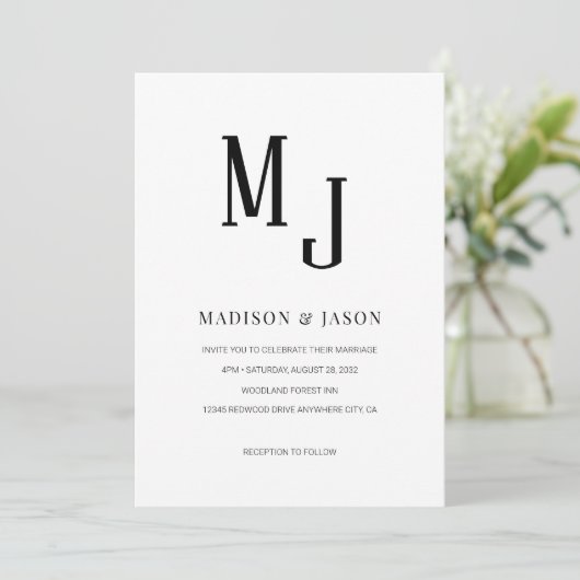 Invitation Simple classique noir Monogramme romain Mariage ph (Debout devant)