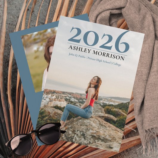 Invitation Simple Classy 2023 Deux photos - Bleu Graduation