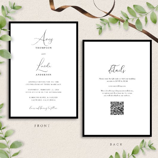 Invitation Simple Classy Black & White Border Wedding QR Code