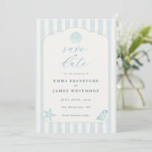 Invitation Simple Coastal Seashell Blue Wedding Save the Date (Debout devant)