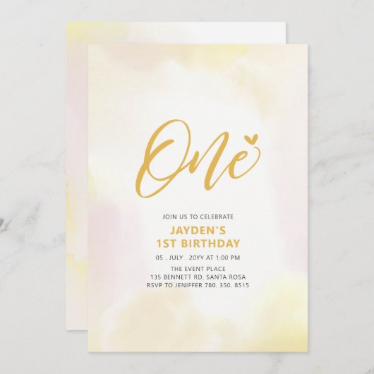 Invitation Simple Coeur Jaune 1ère Fille Anniversaire dans (Devant / Derrière)