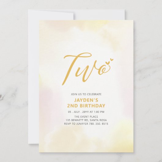 Invitation Simple Coeurs Jaunes Deux fête d'anniversaire (Devant)