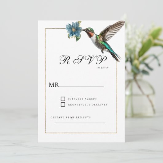 Invitation Simple colibri couleur or blanc RSVP (Debout devant)