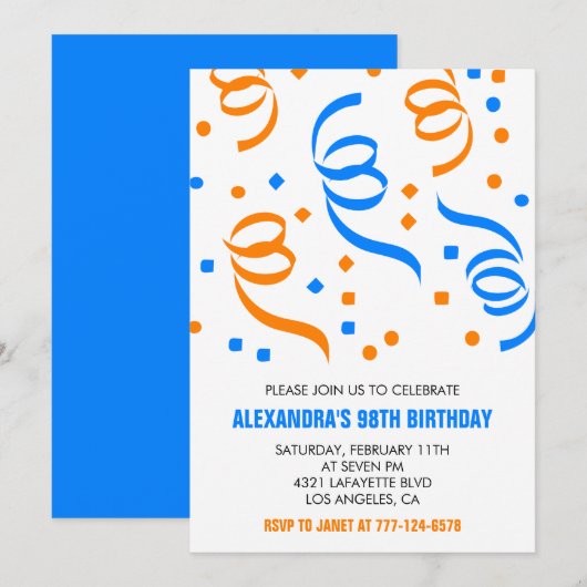 Invitation Simple confettis rétro blanc 98e anniversaire (Devant / Derrière)