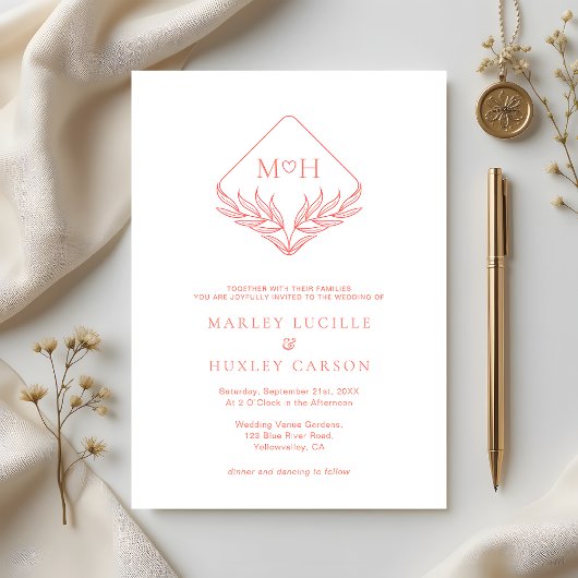 Invitation Simple Coral rose blanc Boho Mariage