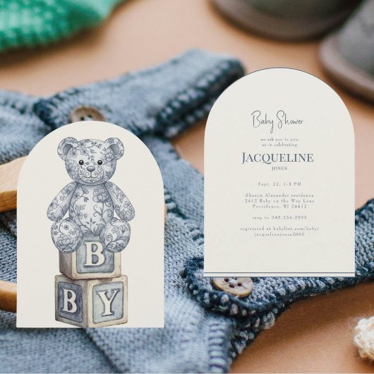 Invitation Simple Cream & Blue Teddy Bear Arch Baby Shower