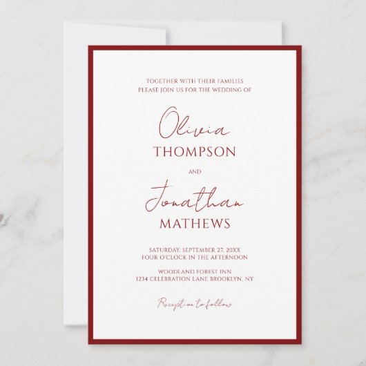 Invitation Simple Crimson Red Border Script QR Code Mariage (Devant)