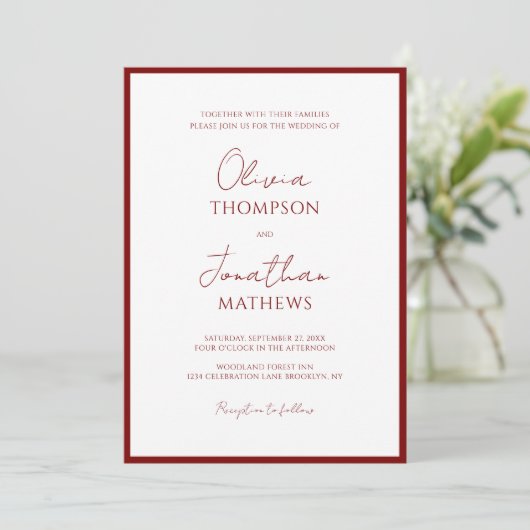 Invitation Simple Crimson Red Border Script QR Code Mariage (Debout devant)