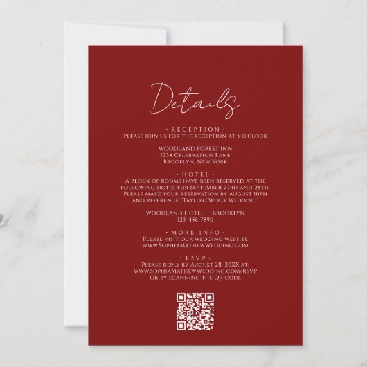 Invitation Simple Crimson Red Border Script QR Code Mariage (Dos)