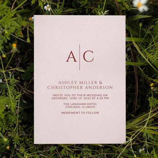 Invitation Simple Crimson rouge et Rose Mariage Monogram
