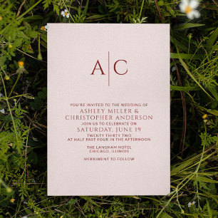 Invitation Simple Crimson rouge et Rose Mariage Monogram