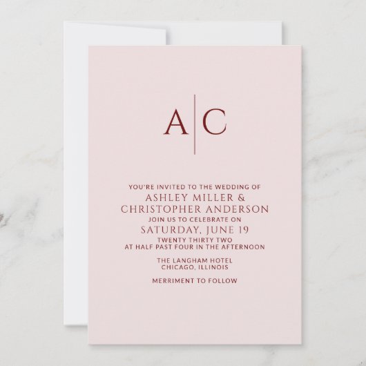 Invitation Simple Crimson rouge et Rose Mariage Monogram (Devant)