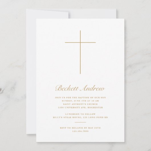Invitation Simple Croix d'Or Script Baptême (Devant)