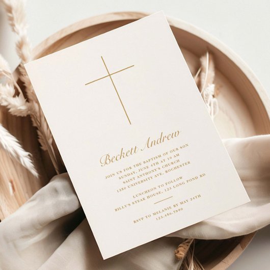 Invitation Simple Croix d'Or Script Baptême