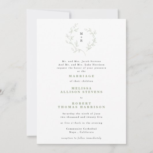 Invitation Simple croquis couronne monogramme Mariage vert (Devant)