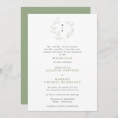 Invitation Simple croquis couronne monogramme Mariage vert (Devant / Derrière)