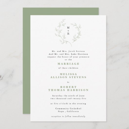 Invitation Simple croquis couronne monogramme Mariage vert (Devant / Derrière)