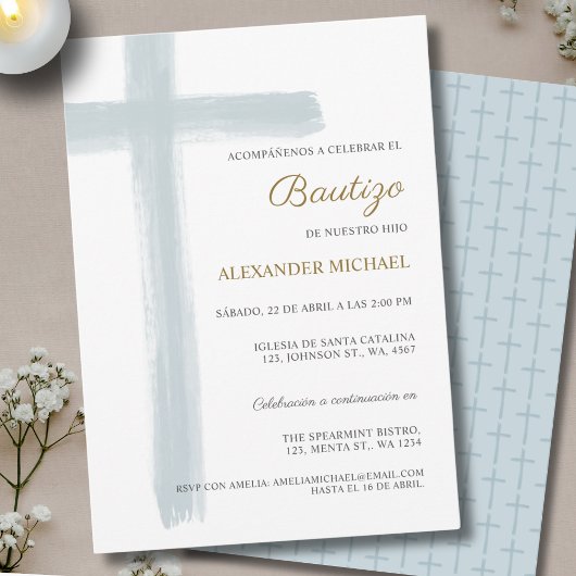Invitation Simple Cross Boy Baptism Bautizo Dusty Blue