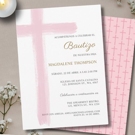 Invitation Simple Cross Girl Pink Baptism Bautizo