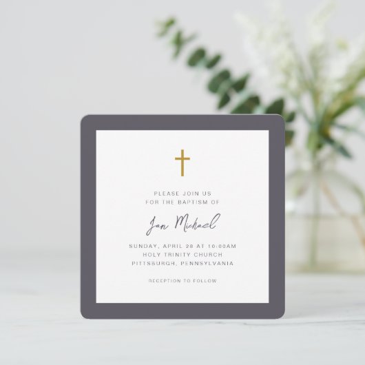 Invitation Simple Cross Script QR Code Rsvp Baptême (Debout devant)