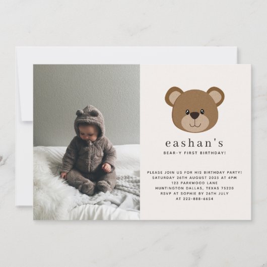 Invitation Simple Cute Bearly One Photo 1er anniversaire (Devant)