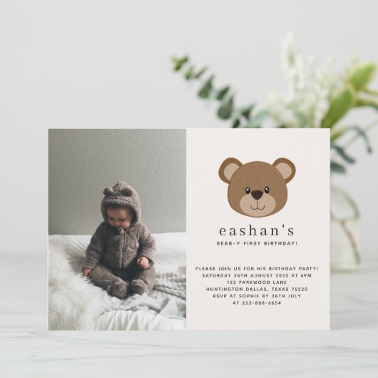 Invitation Simple Cute Bearly One Photo 1er anniversaire (Debout devant)