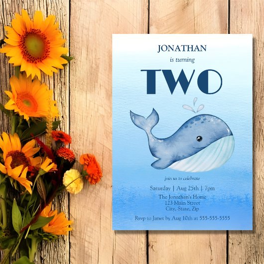 Invitation Simple Cute Whale Blue Sea 2ème anniversaire