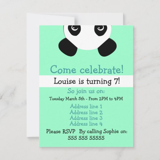 Invitation simple d'anniversaire d'ours panda (Dos)