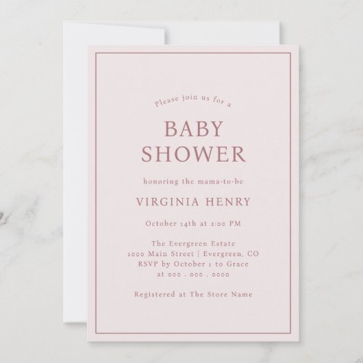 Invitation simple de Baby shower rose pâle (Devant)