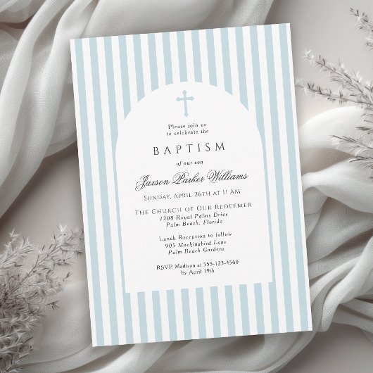 Invitation simple de baptême à rayures bleues pour