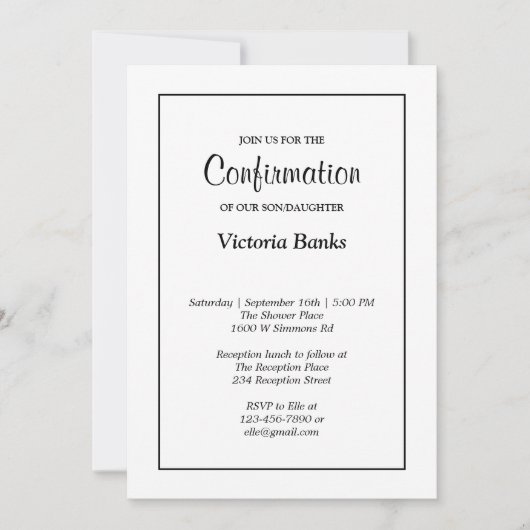 Invitation simple de confirmation blanche (Devant)