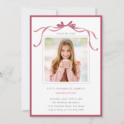 Invitation Simple Deep Blush Bow Graduation Party Photo (Devant)