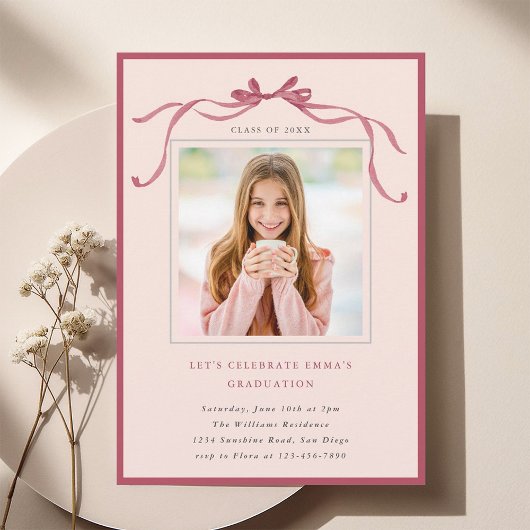 Invitation Simple Deep Blush Bow Graduation Party Photo Pink