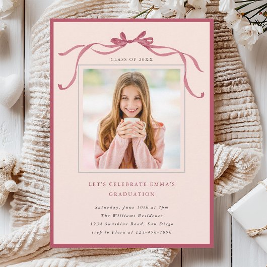 Invitation Simple Deep Blush Bow Graduation Party Photo Pink