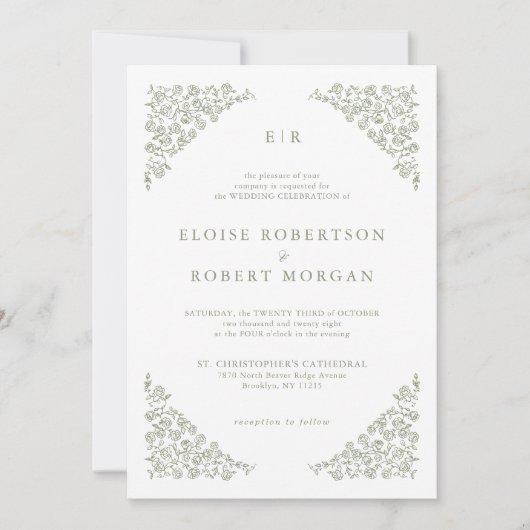 Invitation Simple Delicate Floral QR code Sage Green Mariage (Devant)