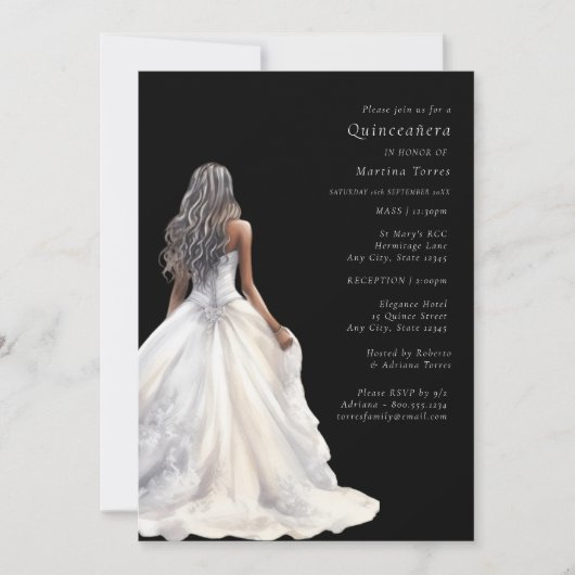 Invitation Simple design noir et blanc moderne Quinceañera (Devant)
