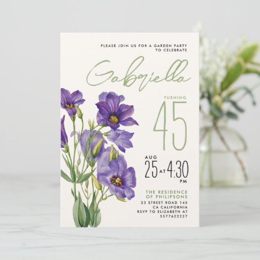 Invitation Simple Design Sage Vert pourpre Lisianthus Flower (Debout devant)