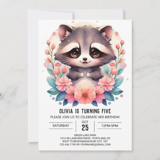 Invitation Simple Digital Raccoon fille Anniversaire (Devant)