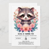 Invitation Simple Digital Raccoon fille Anniversaire (Devant / Derrière)