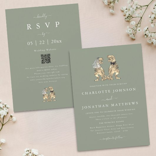 Invitation Simple Dinosaur Wedding Sage Green QR Code