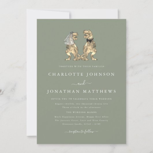 Invitation Simple Dinosaur Wedding Sage Green QR Code (Devant)