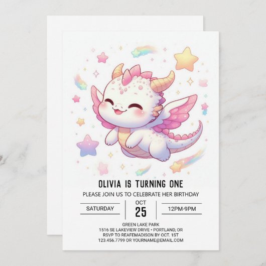 Invitation Simple Dragon 1er anniversaire (Devant / Derrière)