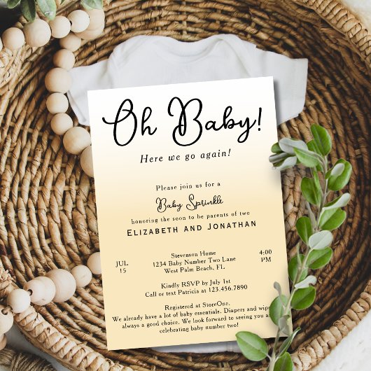 Invitation Simple Drôle Oh Bébé Jaune 2ème Baby Sprinkle